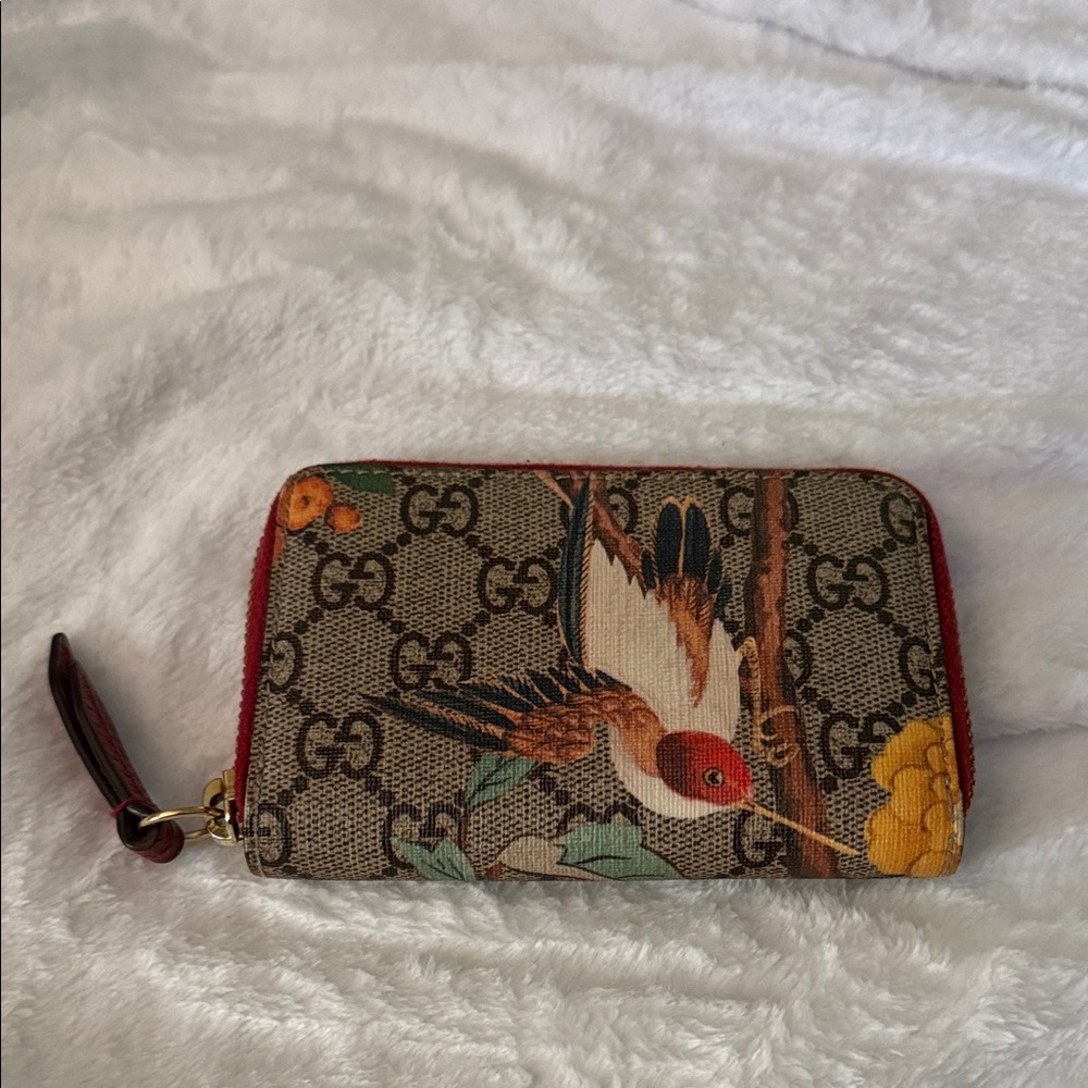Authentic Gucci Brown and Red Bird Print Wallet